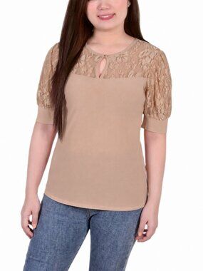 NY Collection Women's Medium Petite Beige Puff Lace Sleeve Top NWT